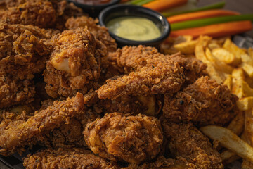 Crunchy Fried Chicken Wings with Fries and Vegetables.