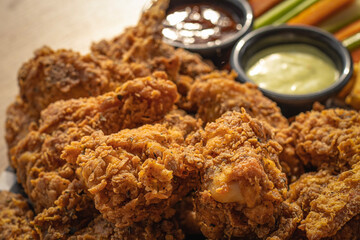 Crunchy Fried Chicken Wings with Fries and Vegetables.