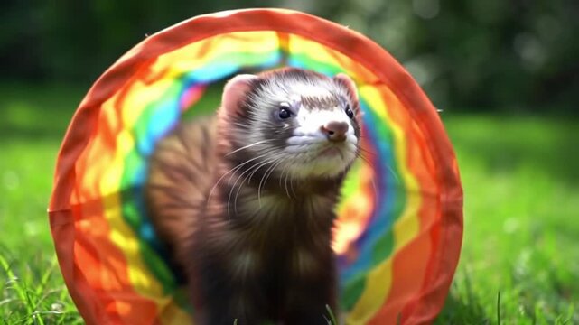 Ferret inside rainbow-colored tunnel toy looking cheerful and playful
