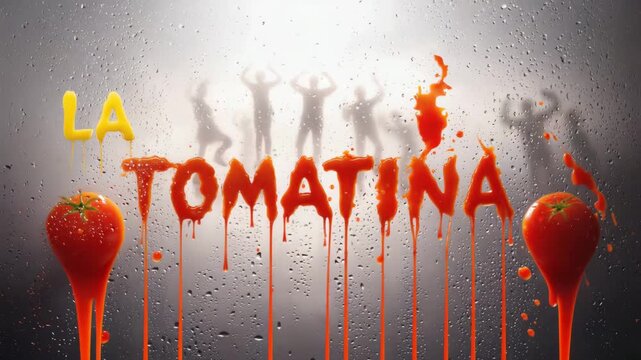 Foggy Glass with Melting La Tomatina Text and Blurred Festival Crowd