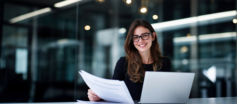 Focused Professional: A sophisticated woman, immersed in her work, reviews documents with a smile, her laptop by her side, portraying dedication and expertise.