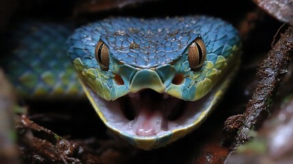 Fototapeta premium Blue pit viper striking tongue in natural habitat 