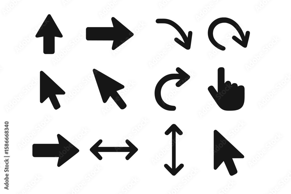 Poster arrow cursor icon set. black vector pack of direction arrows, mouse pointer, hand pointer, up, down,
