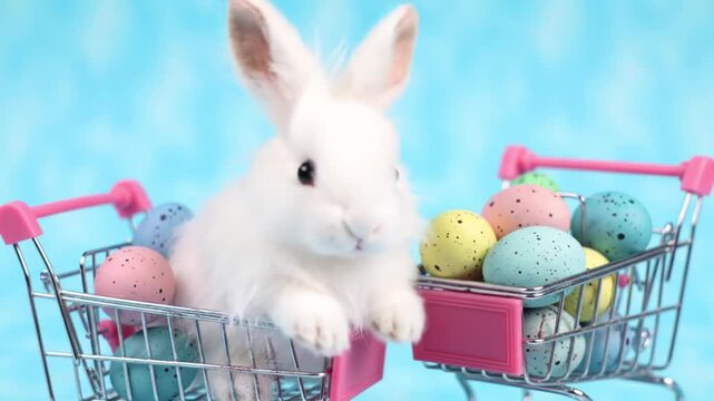 White bunny with pastel Easter eggs in soft pink box
