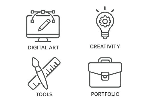 Graphic design line icon pack. Digital art, creativity, tools, portfolio concepts. Vector symbols for web, mobile app UI. Creative process, designer workflow pictogram collection.