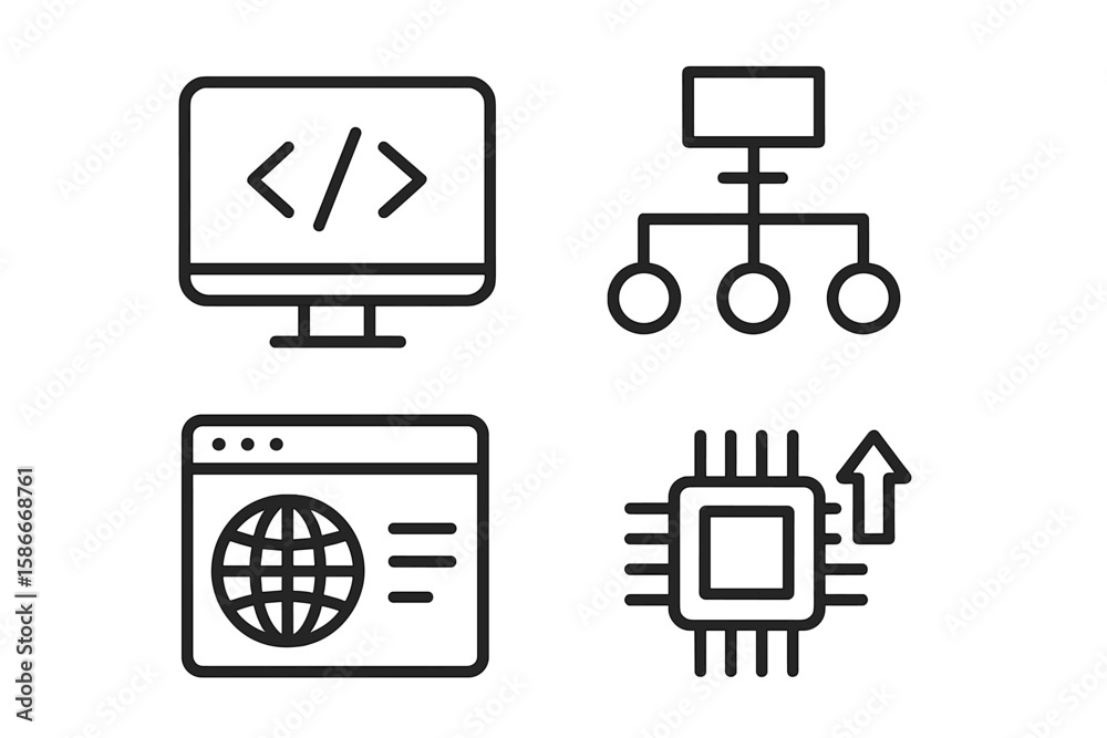 Poster Information technology vector line icon set. Web development, programming, code. Network structure, flowchart, sitemap. Website, browser, internet. CPU, processor, hardware upgrade.