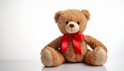 Obraz premium a teddy bear with a red ribbon around its neck isolated on white background