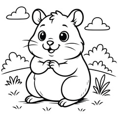 Charming Hamster Cartoon Illustration Ready for Coloring Fun, A Cute and Playful Hamster in a Natural Setting Perfect for Kids' Activities