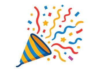 Party Popper Explosion Vector. Festive Confetti Burst, Celebration Streamers, Colorful Paper Shapes. New Year, Birthday, Holiday Decor. Carnival Flapper, Event Design Element, Emoji Icon Concept.