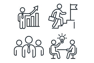 Business Success and Personal Growth Line Icons Set. Career Development, Teamwork, Leadership, Innovation, Professional Achievement, Goal Attainment, Growth Strategy. Vector Illustration.