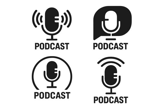 Podcast Microphone Icon Set, Four Modern Radio Podcast Symbols, Webinar Online Training, Audio Blog, Webcast, Broadcast, Flat Vector, Audio Recording, Communication Concept