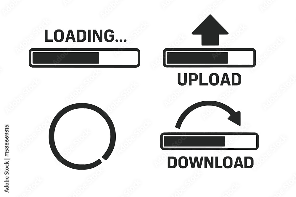 Poster progress bar loading icons set. upload download process indicators. web ui elements. circular and li