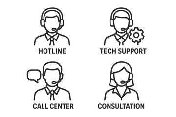 Customer Support Service Icons Set. Hotline, Tech Support, Call Center, Client Consultation. Vector Illustration of Help Desk, Consulting, Call Service, Customer Service Representative, Support Agent