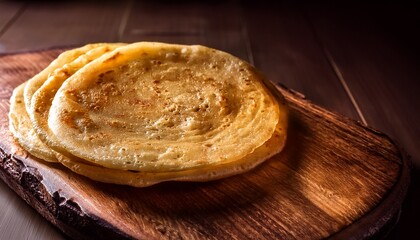 golden roti on wooden board soft shadows warm lighting