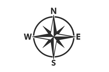 Minimalist Vector Compass Rose, Simple Flat Nautical Symbol, Marine Navigation Icon, Directional Wind Rose with North, East, South, West Markers, Isolated, Transparent Background