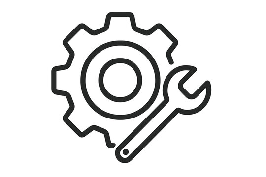 Timer and Stopwatch Vector Icon Set. Gear and Wrench Linear Symbol. Time Management, Countdown, Deadline, Punctuality, Optimization, Efficiency Concept. Flat Line Illustration