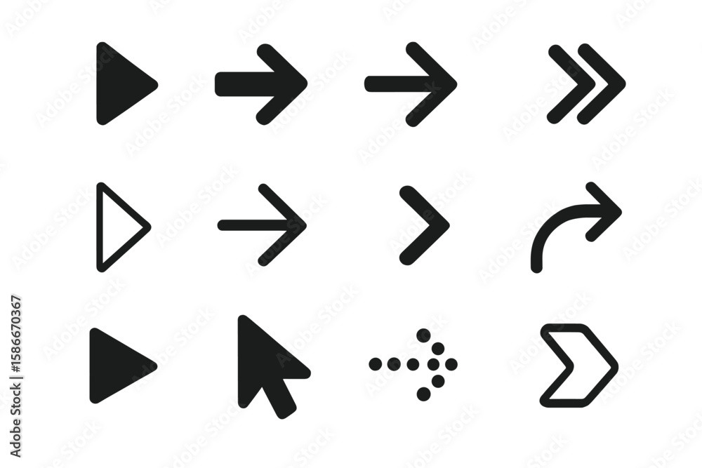 Fototapete Diverse Arrow Icon Set. Bold Arrow Symbols, Directional Arrows, Navigation Cursor Icons Collection. Interface and Web Design Elements. Vector Illustration on Transparent Background