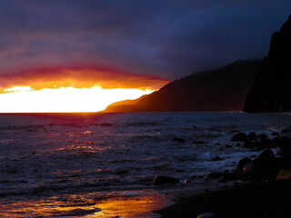 Beautiful sunset over Povocao beach. Azores, Portugal.