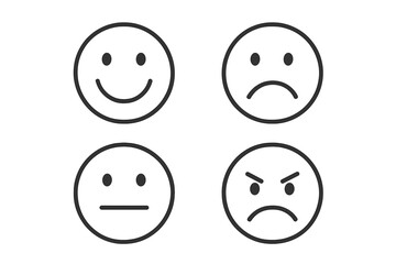 Fototapeta premium Emotion Faces Icon Set. Smiley Happy, Sad, Neutral, Angry Expressions. Mood and Emotion Concept. Black Line Art Simple Circle Emoji for UX UI Design, Social Media, Survey Feedback. Vector Illustration