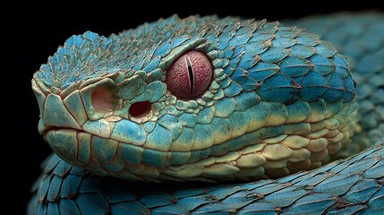 Fototapeta premium Chic blue viper striking with tongue on branch 
