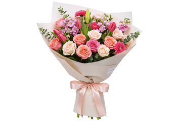 A romantic bouquet of beautiful pink and white roses. This classic floral gift is wrapped in natural kraft paper and tied with a delicate pink ribbon.