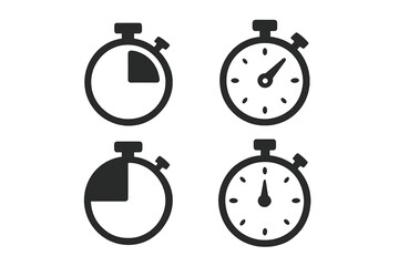 Minimalist Stopwatch Icon Set - Timer, Countdown, Time Management, Productivity and Efficiency Concept, Four Modern Line Style Business Web Icons, Vector Illustration, Transparent Background