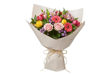 A beautiful bouquet of colorful mixed flowers, including pink and yellow roses. The floral arrangement is wrapped in natural kraft paper and tied with a string bow.