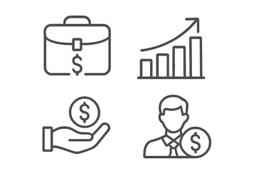 Business Finance Line Icons Collection. Briefcase, Growth Chart, Hand with Coin, and Businessman. Financial Services, Investment, Economics, Salary, Savings, ROI Concepts. Clean Outline Vector Set