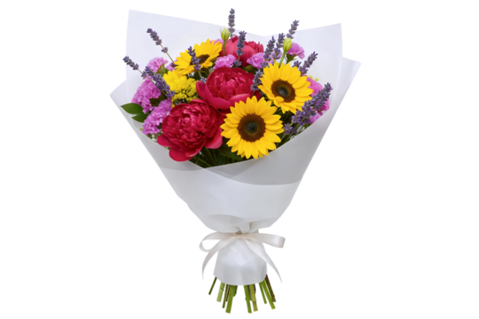 A vibrant bouquet featuring sunflowers, red gerberas, and purple lavender. This colorful arrangement is wrapped in white paper and tied with a large bow.
