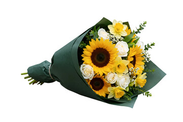 An elegant bouquet featuring bright yellow sunflowers and classic white roses. The beautiful floral arrangement is wrapped in stylish dark green paper.