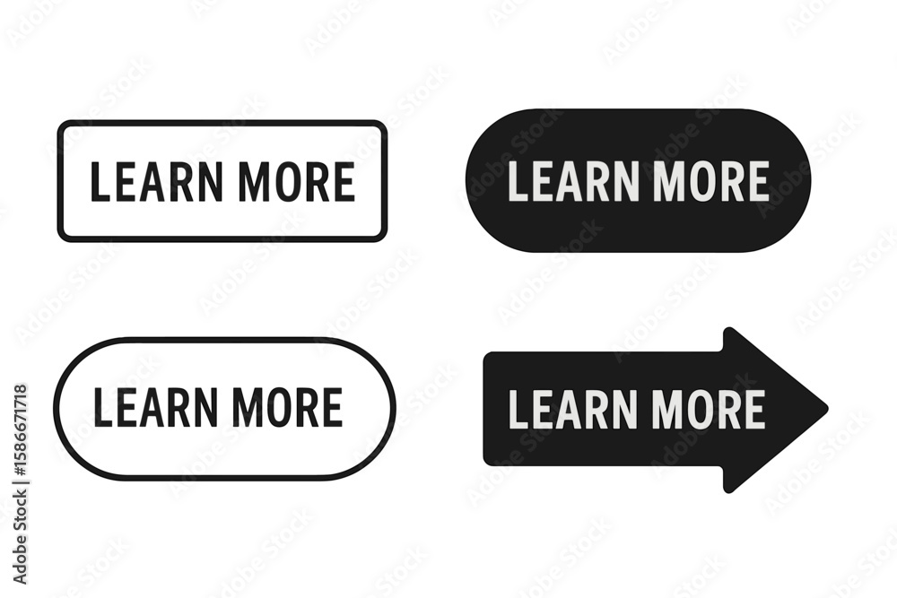 Fototapete Modern learn more button set. Web buttons vector collection. Flat UI kit. Rectangle, oval, arrow shapes. Black and white call to action interface elements for website or app design