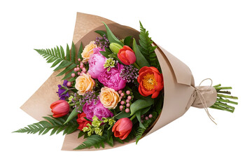 A lush bouquet of pink peonies, red carnations, and fresh green ferns. This romantic floral arrangement is wrapped in rustic kraft paper and tied with twine.