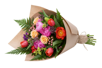 A lush bouquet of pink peonies, red carnations, and fresh green ferns. This romantic floral arrangement is wrapped in rustic kraft paper and tied with twine.