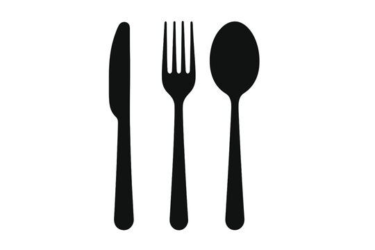 Black silhouette cutlery set vector. Knife, fork, spoon icons isolated on white background. Simple kitchen utensils flat illustration. Restaurant, cafe menu food service design concept