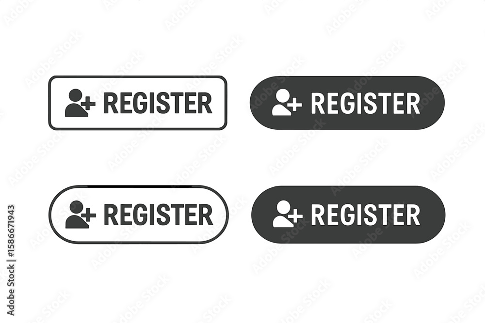 Poster register web button icon set. vector flat ui elements for signup, registration, join, member access.
