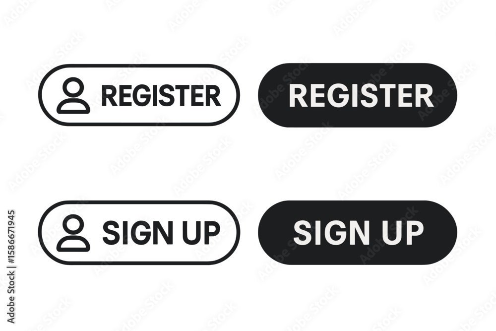 Poster register and sign up button set. vector ui elements for website registration, blog accounts, online 