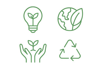 Eco friendly sustainability icon set. Green line art vector of renewable energy, recycling, environmental protection, plant growth, earth, eco innovation, sustainability symbol collection