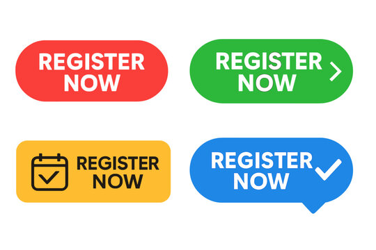Register Now Button Set. Colorful Vector Sign Up Buttons with Calendar, Check Mark, Arrow. Flat Modern Call to Action Graphic. Isolated UI Elements for Website, App, Banner, Transparent Background