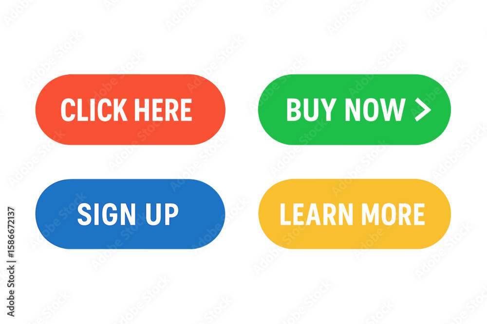 Poster set of 4 modern flat vector call to action buttons. colorful cta web ui elements with text: click he