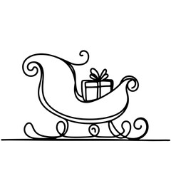 Abstract single line art sleigh with gifts in black and white against a plain background, conceptual gift-giving and holiday theme for design, decoration businesses.