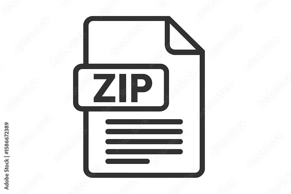 Fototapete Zip file icon vector illustration. Simple line document symbol with ZIP label. Data compression, archive folder, download, storage, software, file format concept isolated on white