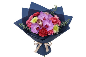 An elegant bouquet of purple and red chrysanthemums or asters. This stylish floral arrangement is wrapped in dark blue paper and tied with a gold ribbon.