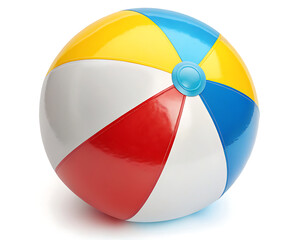 A colorful beach ball featuring red white yellow and blue panels on a white background in studio shot