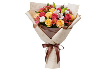 A beautiful bouquet of warm-toned roses and mixed flowers, wrapped in natural kraft paper. This fresh and colorful floral arrangement is tied with a luxurious brown satin ribbon.