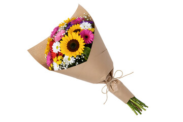 A cheerful bouquet featuring a large sunflower, wrapped in rustic kraft paper. This beautiful floral arrangement is seen from an angled, lying-down perspective.