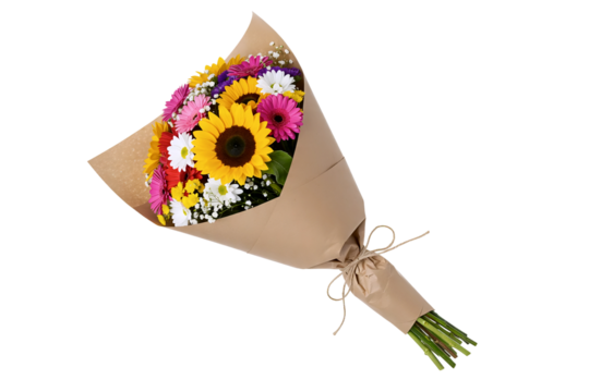 A cheerful bouquet featuring a large sunflower, wrapped in rustic kraft paper. This beautiful floral arrangement is seen from an angled, lying-down perspective.
