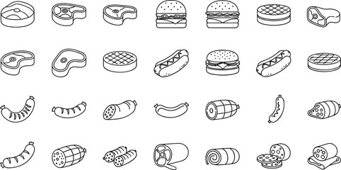 Meat and Deli Products Icon Set Vector Illustration, Steak, Sausage, Burger, and Ham, Line Art Collection for Food and Butcher Shop.
