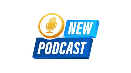 New podcast animated logo with microphone icon on white and green screen