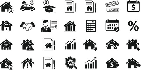 Real Estate Mortgage Loan Icons Set: A Comprehensive Collection of Financial Symbols for House, Property, and Investment Concepts.