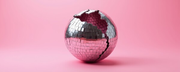 A cracked disco ball resting on a soft pink background, symbolizing brokenness and nostalgia in a vibrant and playful setting.